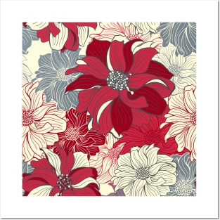 DAHLIAs in cherry red, seamless pattern Posters and Art